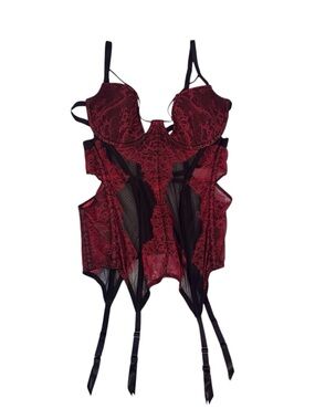 Victorias Secret Size 36D Red Black Lace Corset Lingerie Romantic Lingerie Mesh
